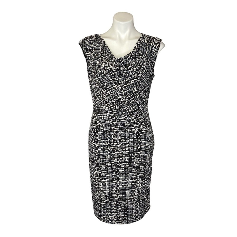 VINCE CAMUTO Sleeveless Dress Cowl Neck Ruched Side Black White Womens Size 8